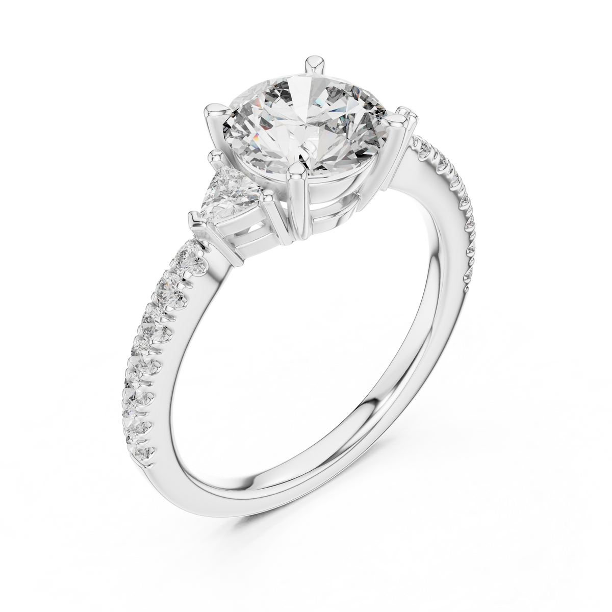 Round Lab Grown Diamond Ring with Trillion Side Stones, White Gold