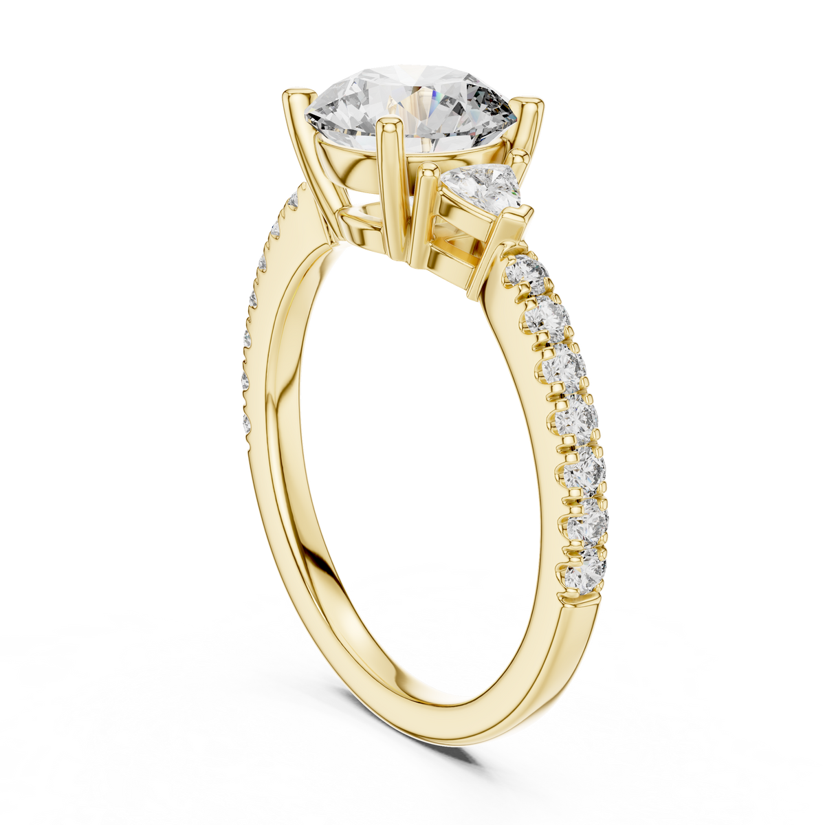 Round Lab Grown Diamond Ring with Trillion Side Stones, Yellow Gold
