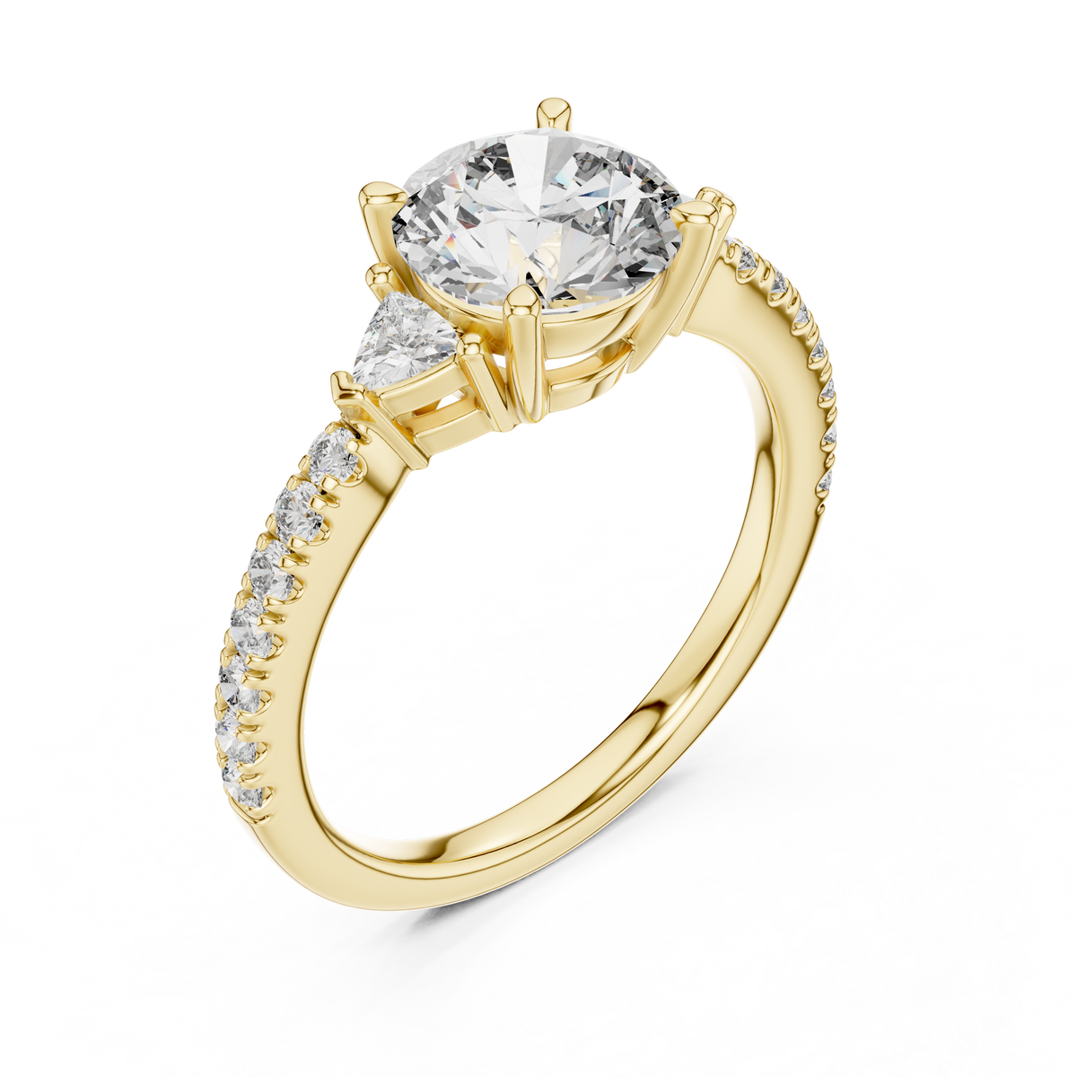 Round Lab Grown Diamond Ring with Trillion Side Stones, Yellow Gold