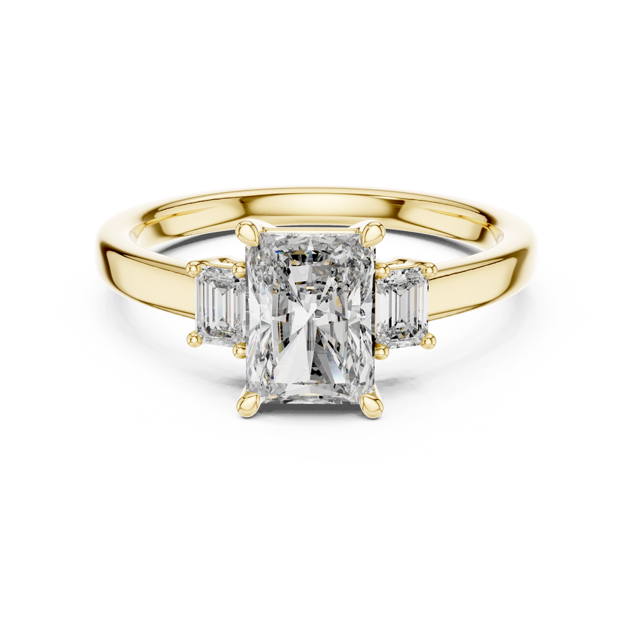 Radiant Cut Lab Grown Diamond Ring with Emerald Side Stones, Yellow Gold