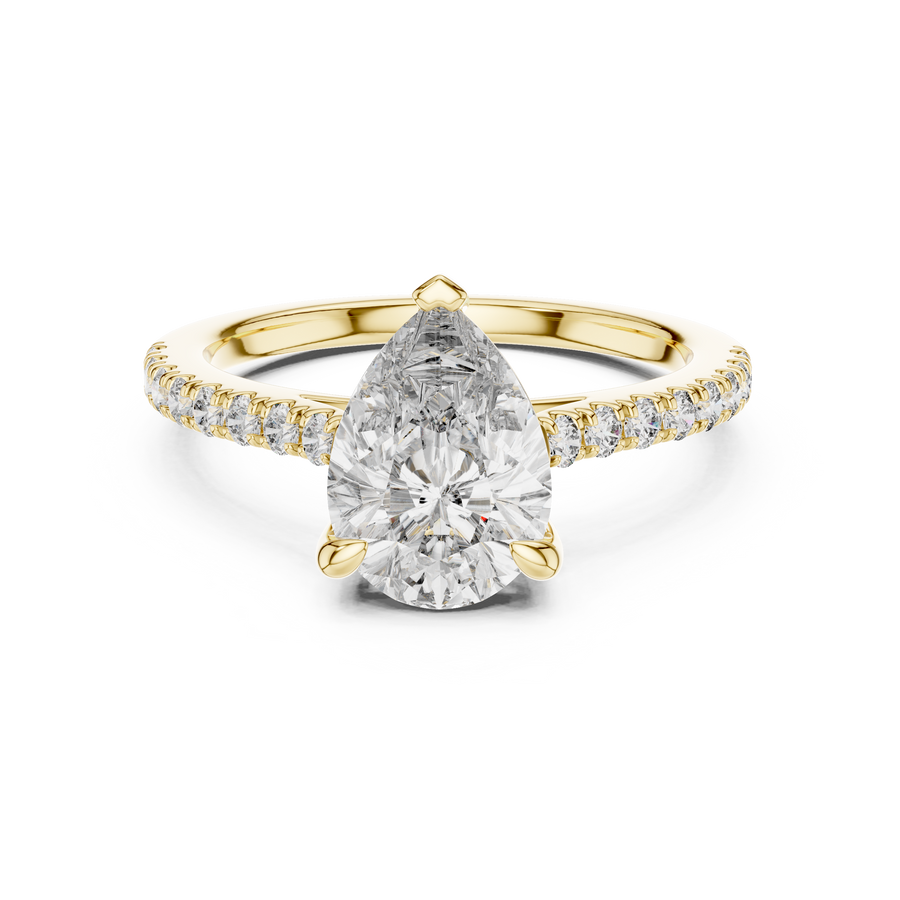 Pear Cut Lab Grown Diamond Solitaire Ring with Pavé Band, Yellow Gold