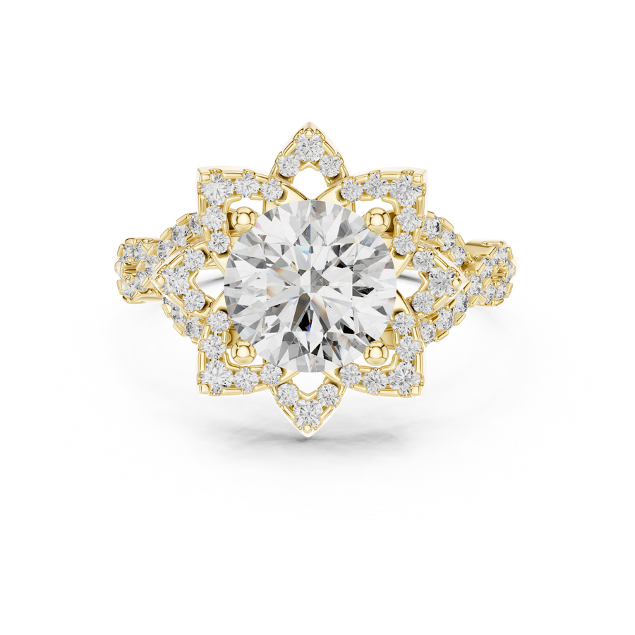 IGI Certified Floral Halo Round Lab-Grown Diamond Ring, Yellow Gold