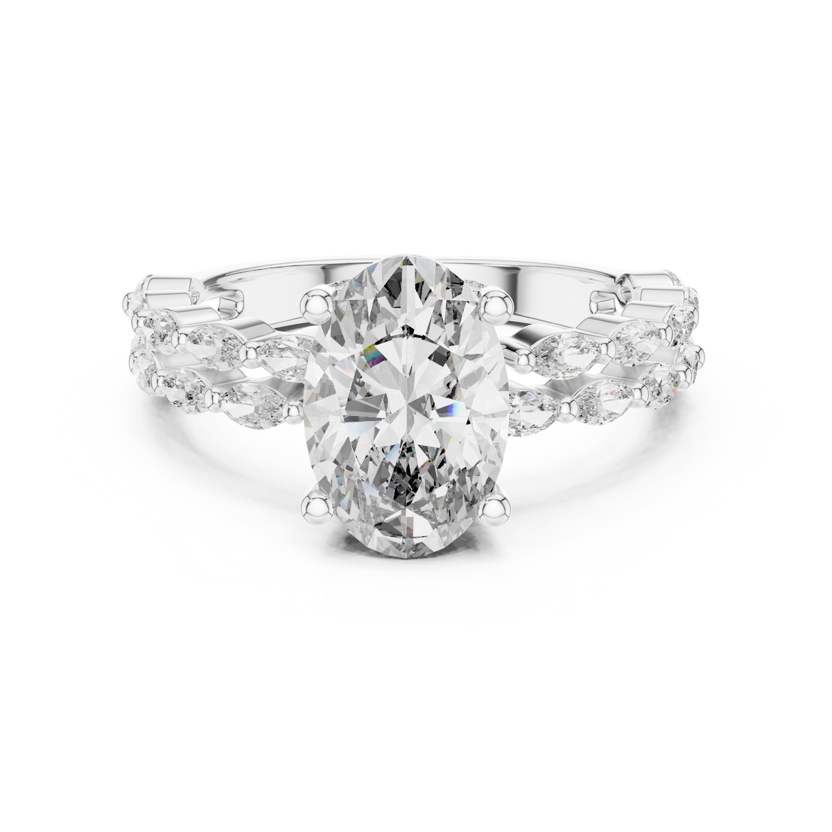 Oval Lab-Grown Diamond Engagement Ring With Marquise Accents, White Gold
