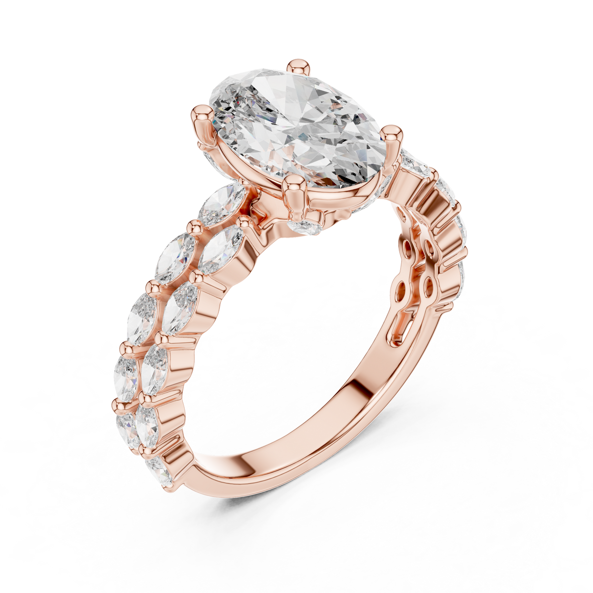 Oval Lab-Grown Diamond Engagement Ring With Marquise Accents, Rose Gold