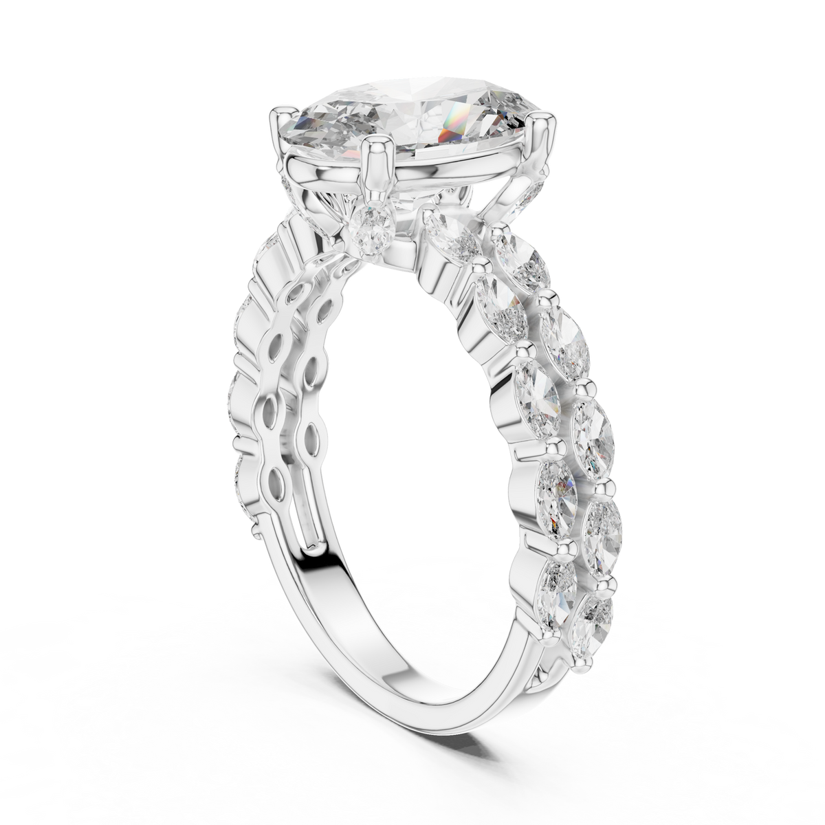 Oval Lab-Grown Diamond Engagement Ring With Marquise Accents, White Gold