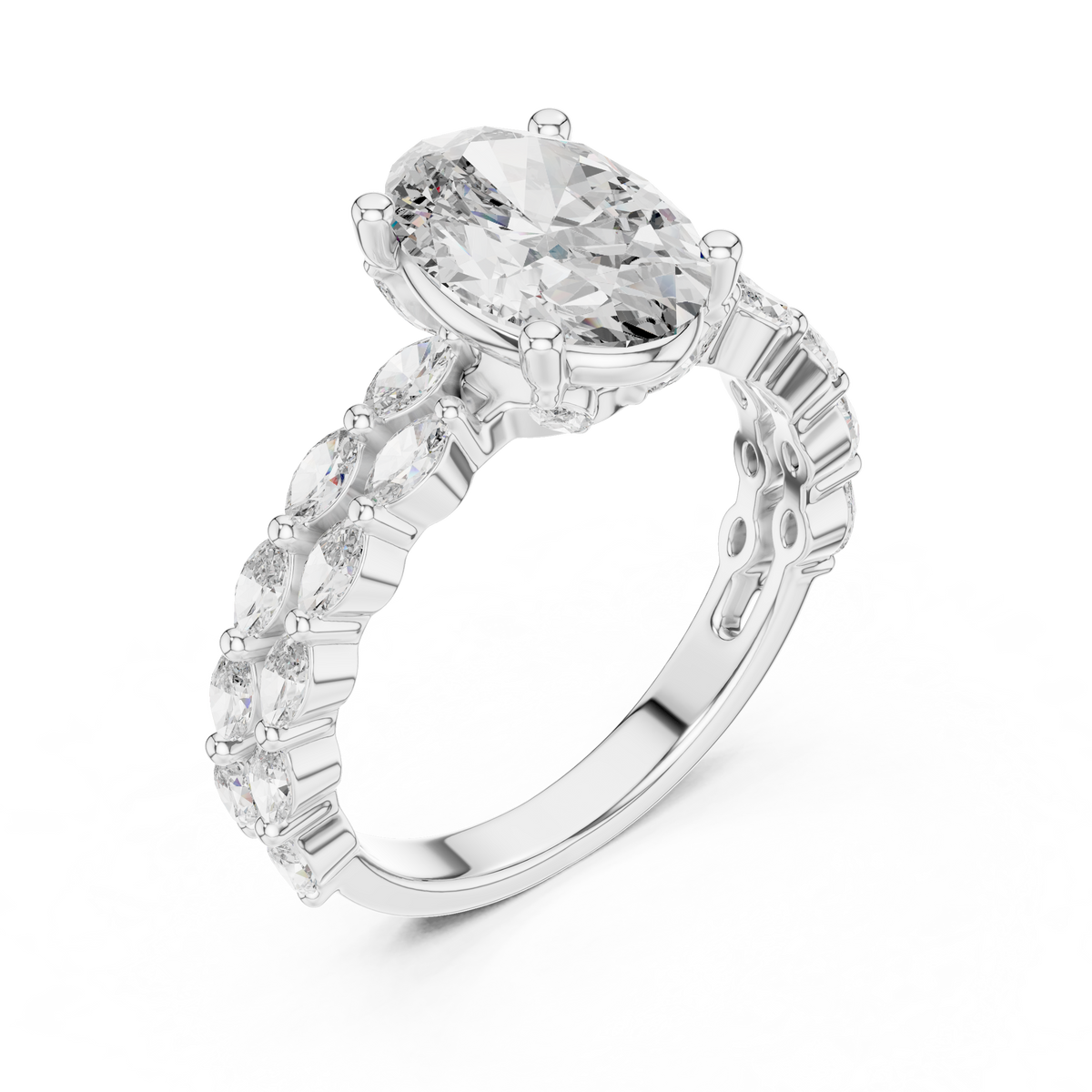 Oval Lab-Grown Diamond Engagement Ring With Marquise Accents, White Gold
