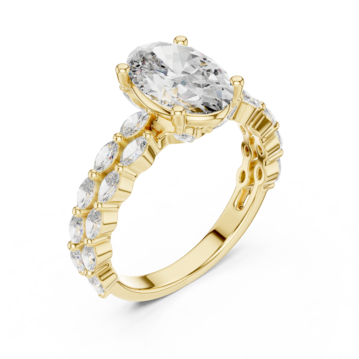 Oval Lab-Grown Diamond Engagement Ring With Marquise Accents, Yellow Gold