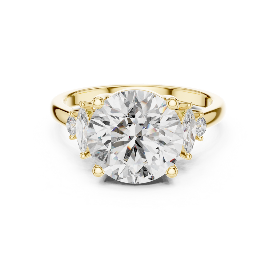 Round Lab Grown Diamond Ring with Marquise & Round Side Diamonds, Yellow Gold