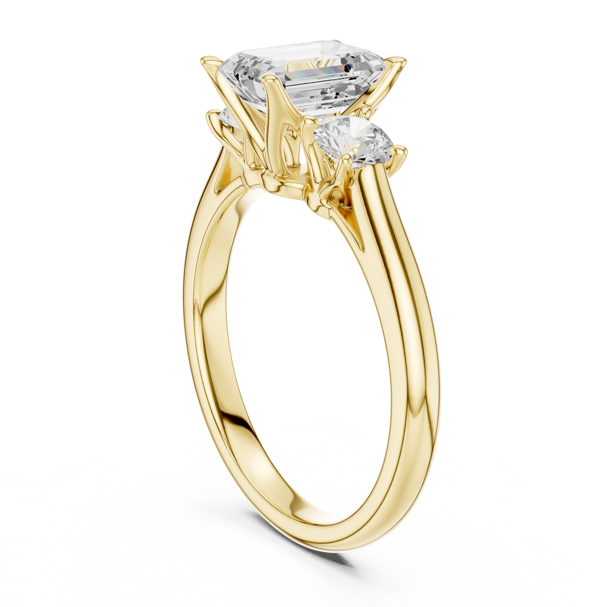 IGI Certified Emerald Cut 3 Stone Lab Grown Diamond Engagement Ring, Yellow Gold