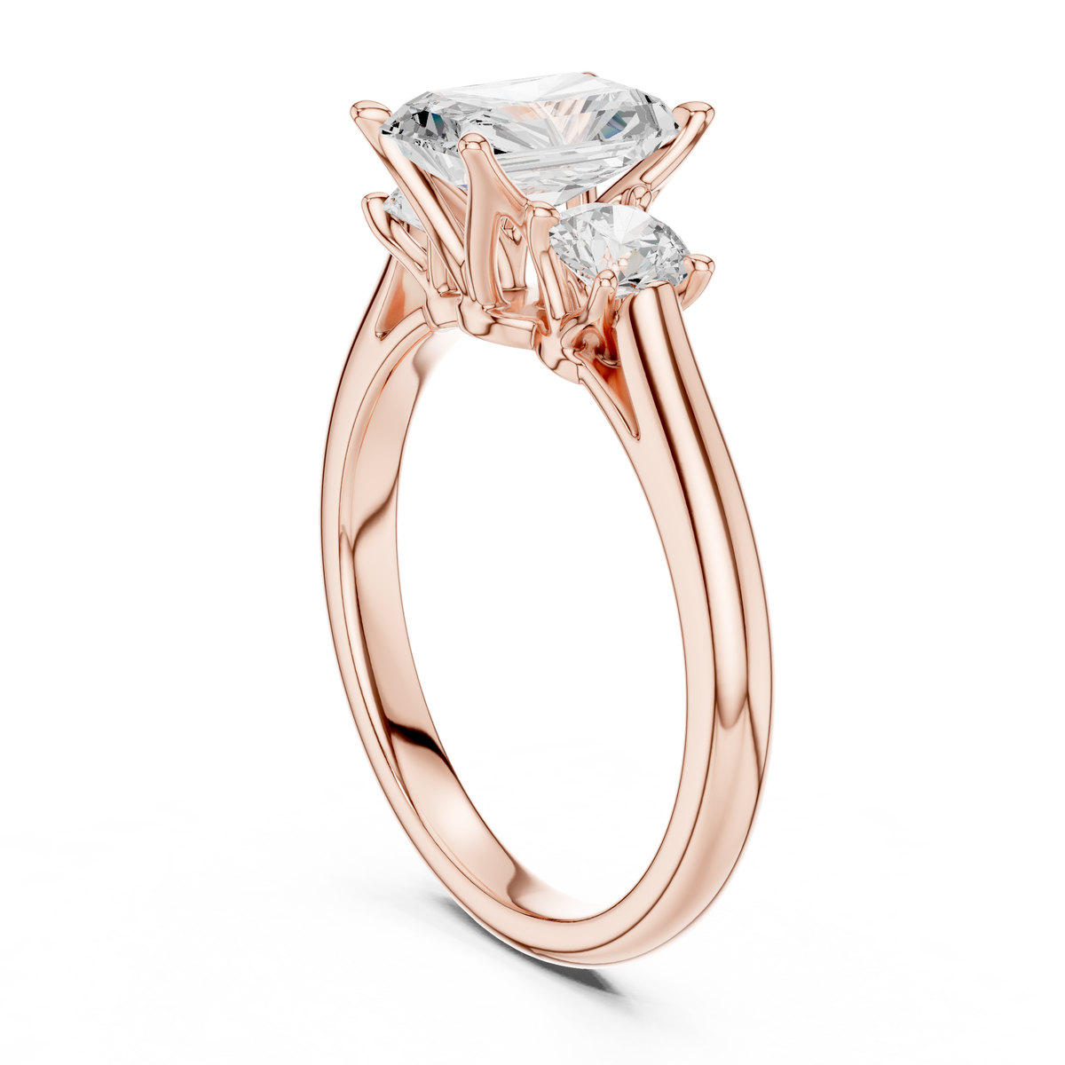 IGI Certified Radiant Cut 3 Stone Lab-Grown Diamond Proposal Ring, Rose Gold