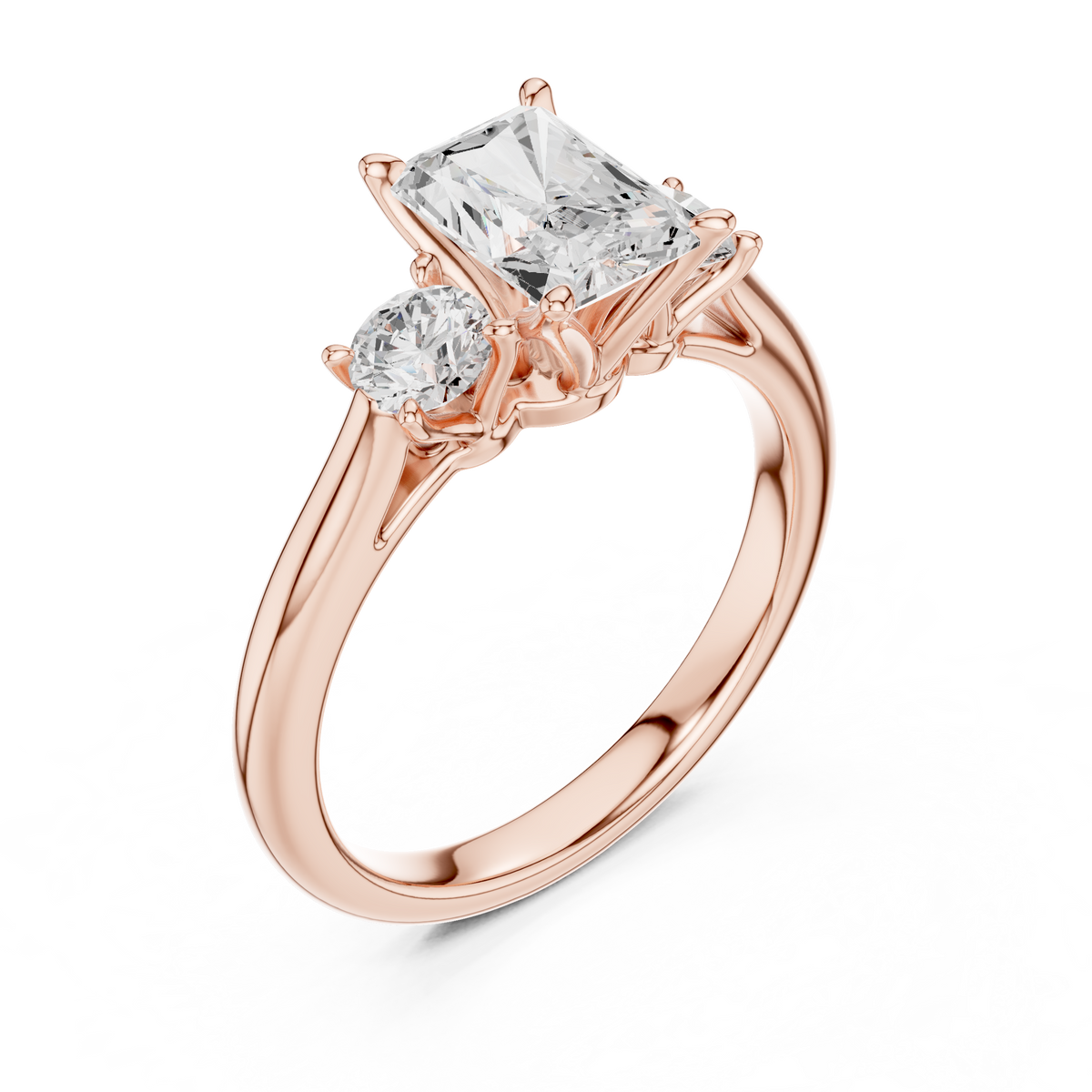 IGI Certified Radiant Cut 3 Stone Lab-Grown Diamond Proposal Ring, Rose Gold