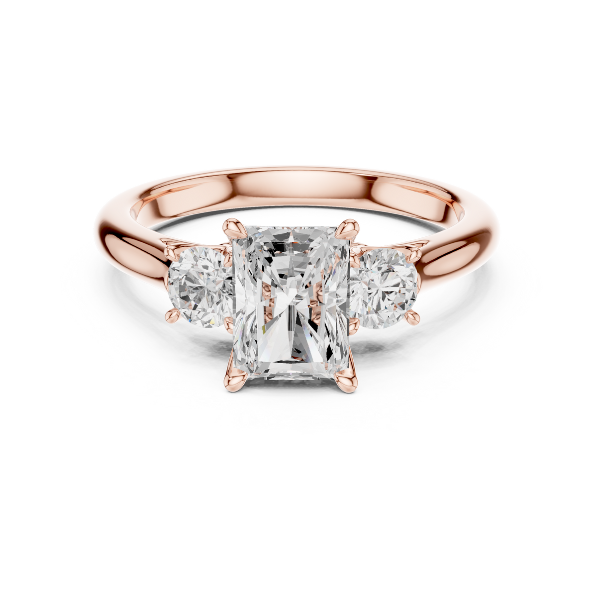 IGI Certified Radiant Cut 3 Stone Lab-Grown Diamond Proposal Ring, Rose Gold