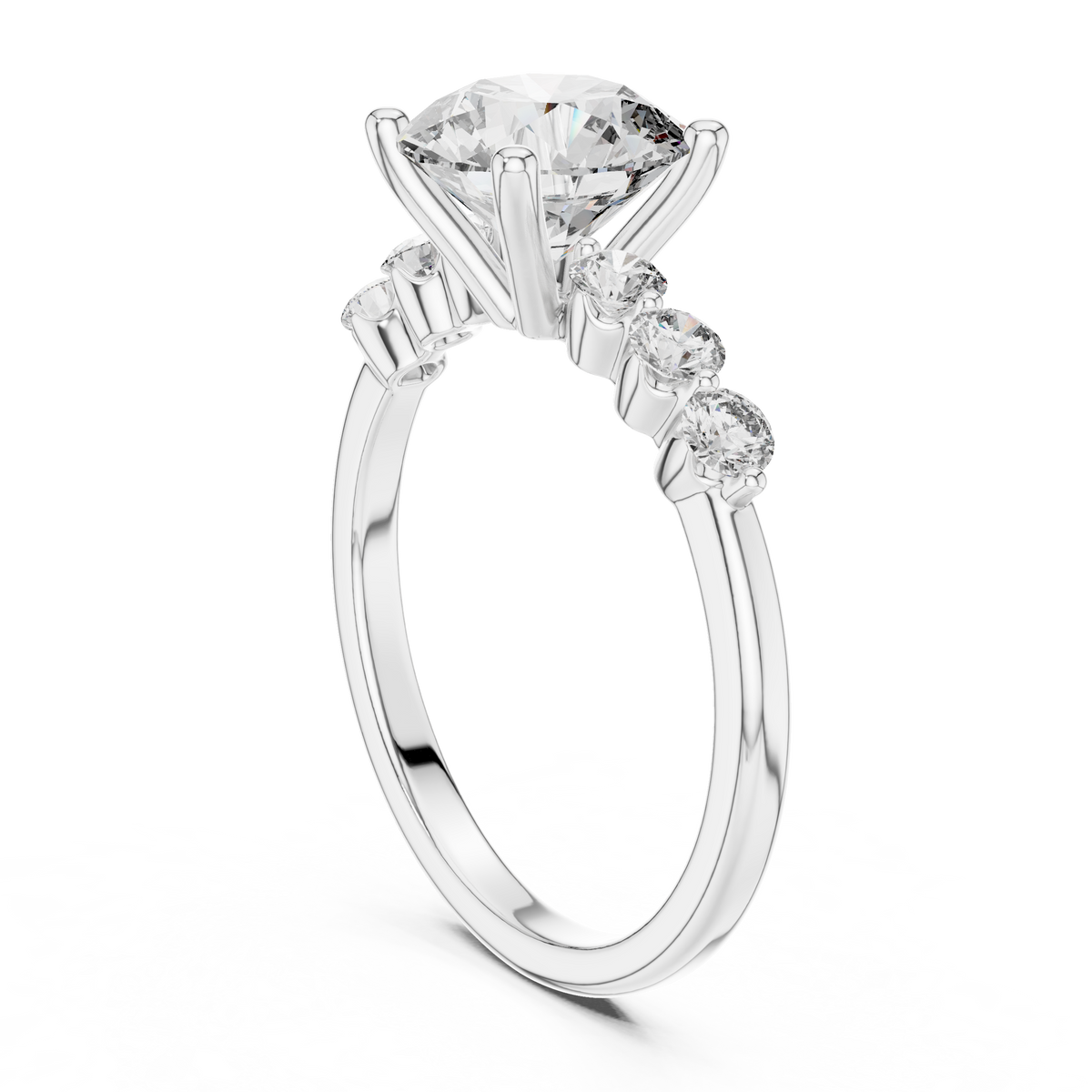Round Lab Grown Diamond With 6 Side Stone Anniversary Ring, White Gold