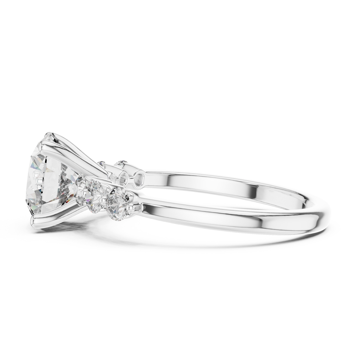 Round Lab Grown Diamond With 6 Side Stone Anniversary Ring, White Gold