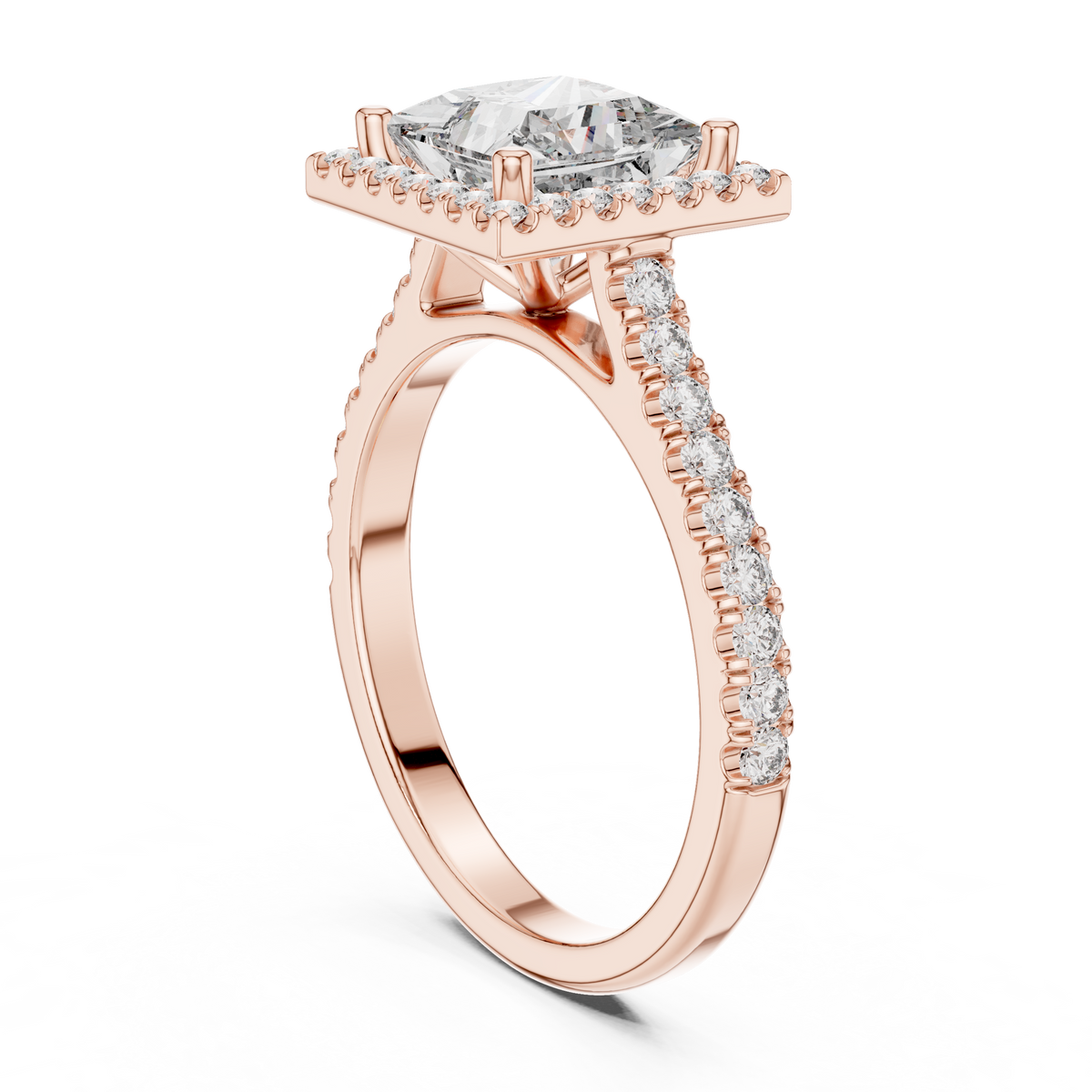 IGI Certified Princess Cut Halo Lab-Grown Diamond Wedding Ring, Rose Gold