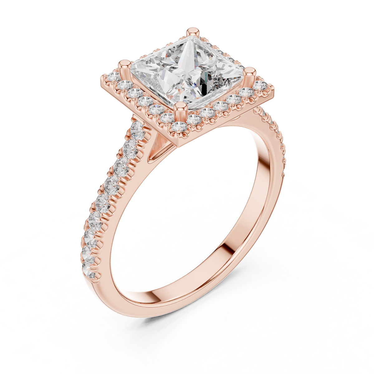 IGI Certified Princess Cut Halo Lab-Grown Diamond Wedding Ring, Rose Gold