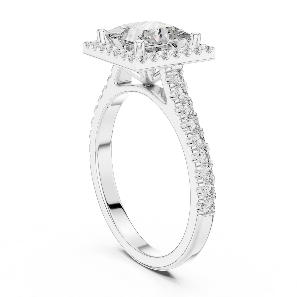 IGI Certified Princess Cut Halo Lab-Grown Diamond Wedding Ring, White Gold