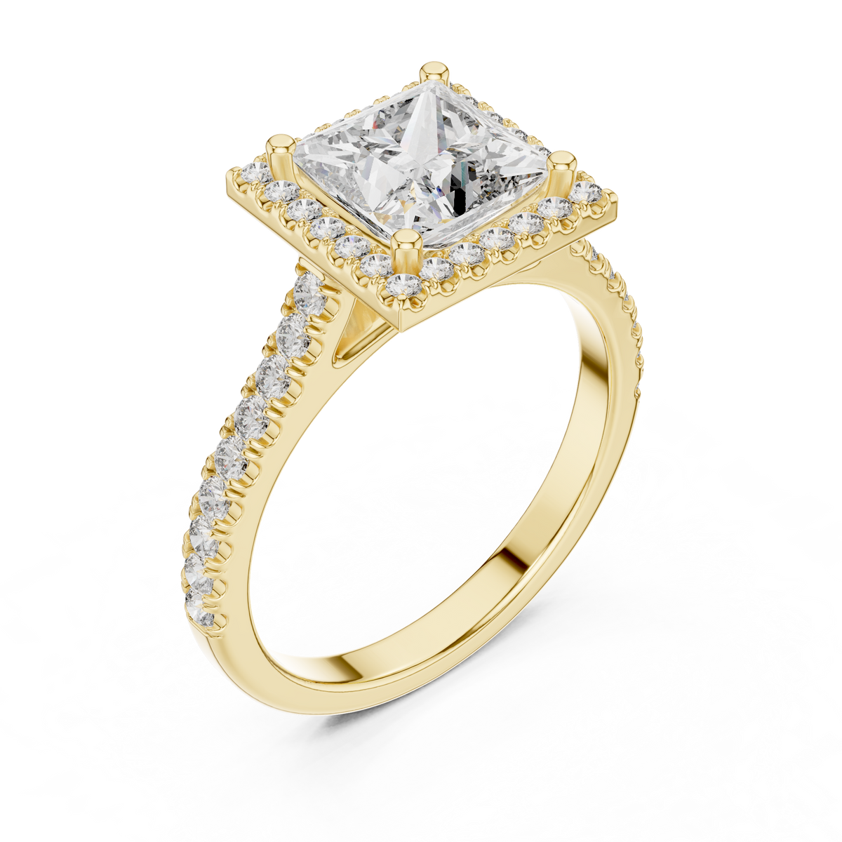 IGI Certified Princess Cut Halo Lab-Grown Diamond Wedding Ring, Yellow Gold