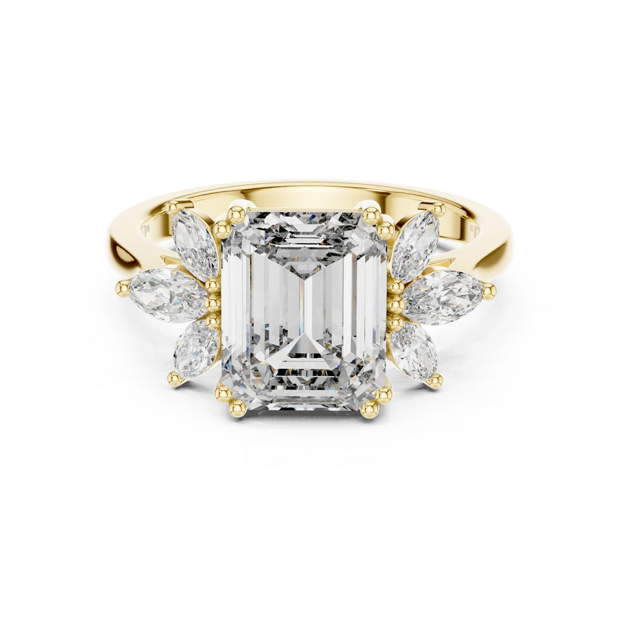 Emerald Cut Floral Lab-Grown Diamond Anniversary Ring, Yellow Gold