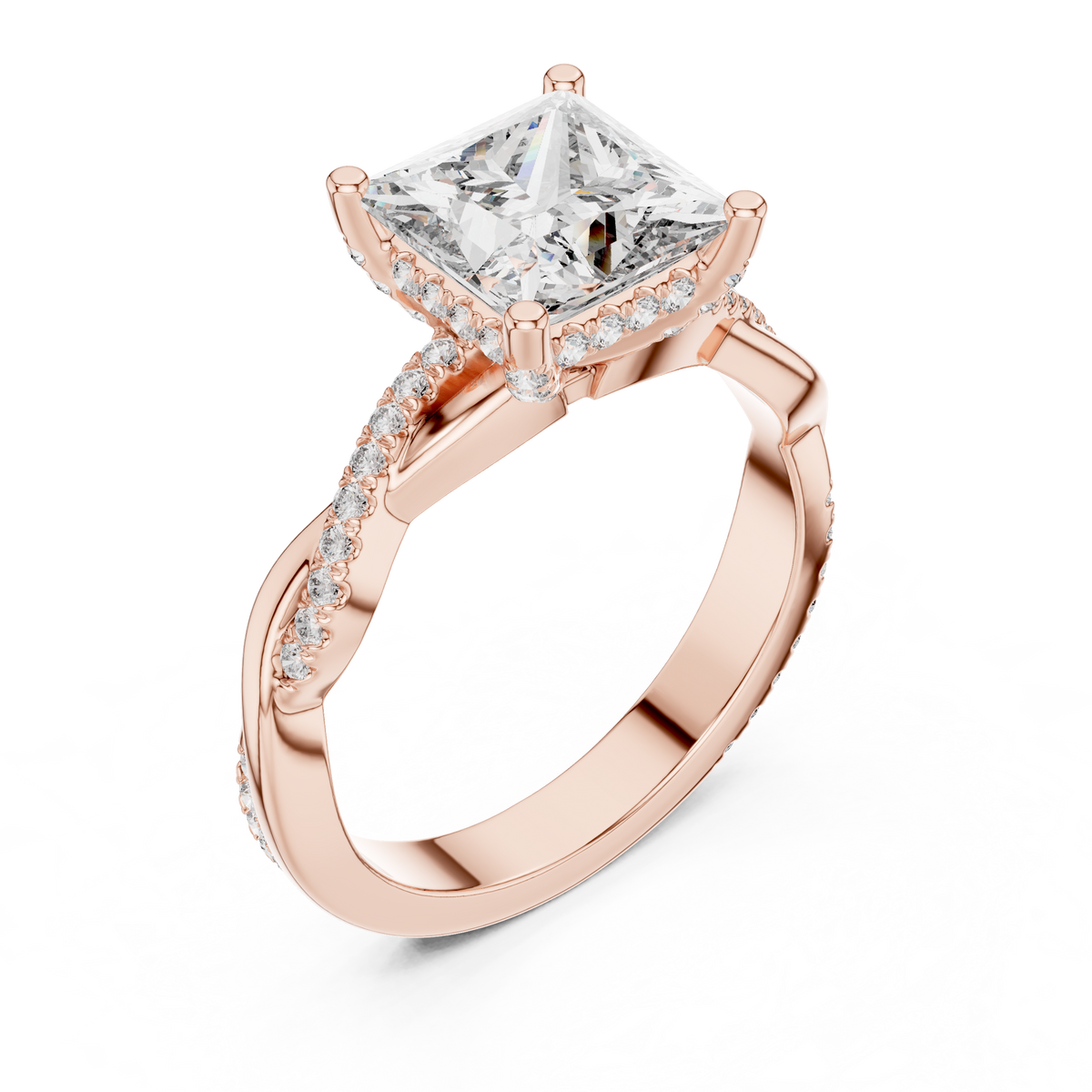 Princess Cut Twisted Split Shank Lab-Grown Diamond Wedding Ring, Rose Gold