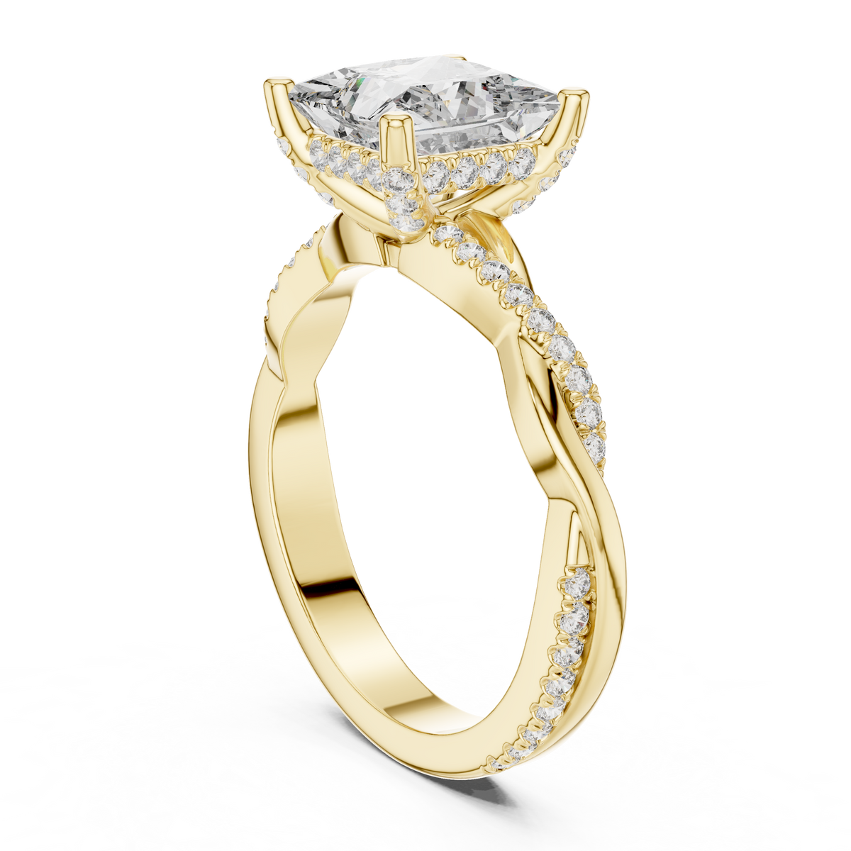 Princess Cut Twisted Split Shank Lab-Grown Diamond Wedding Ring, Yellow Gold