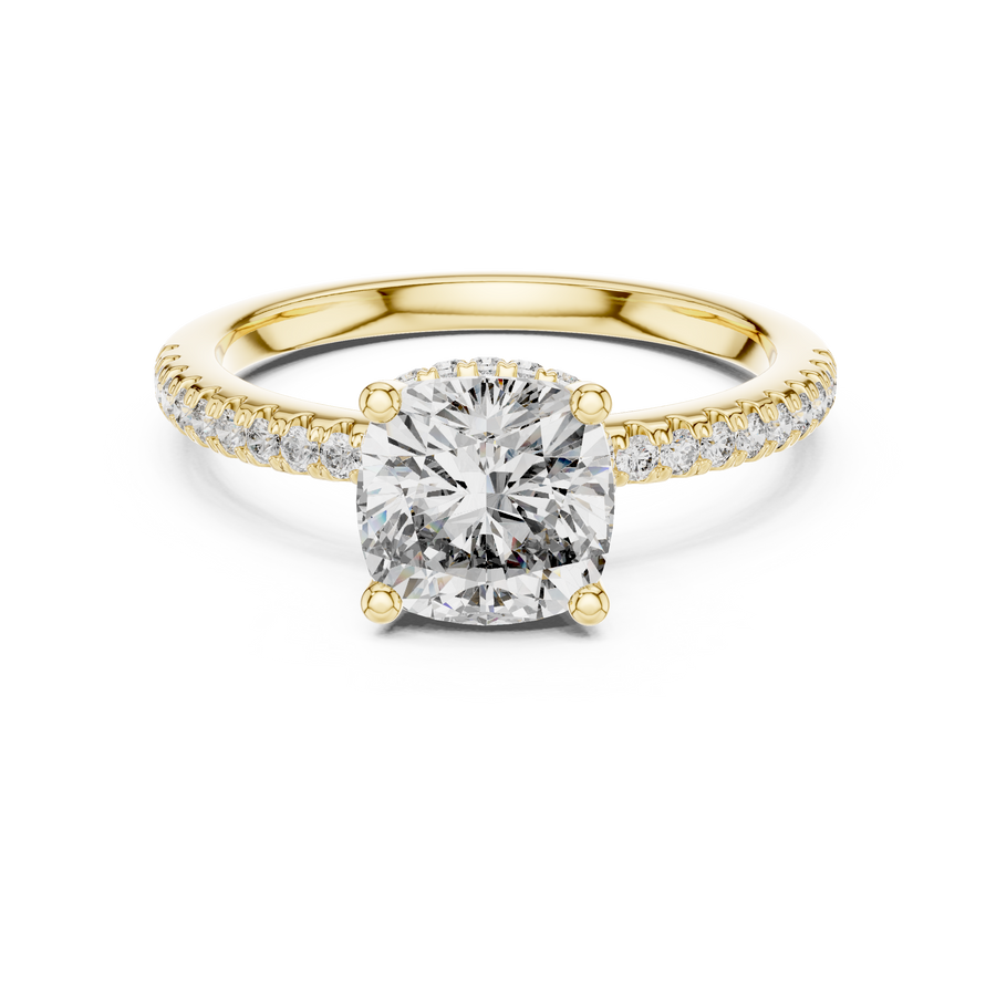 Cushion Cut Lab Grown Diamond Hidden Halo Engagement Ring, Yellow Gold
