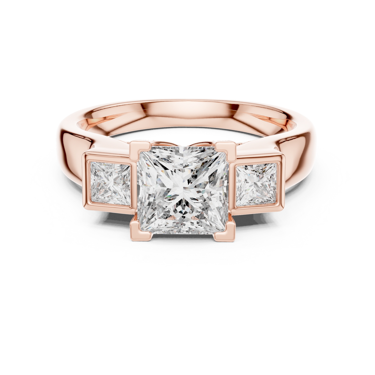 Princess Cut Three Stone Lab Grown Diamond Hidden Halo Engagement Ring, Rose Gold