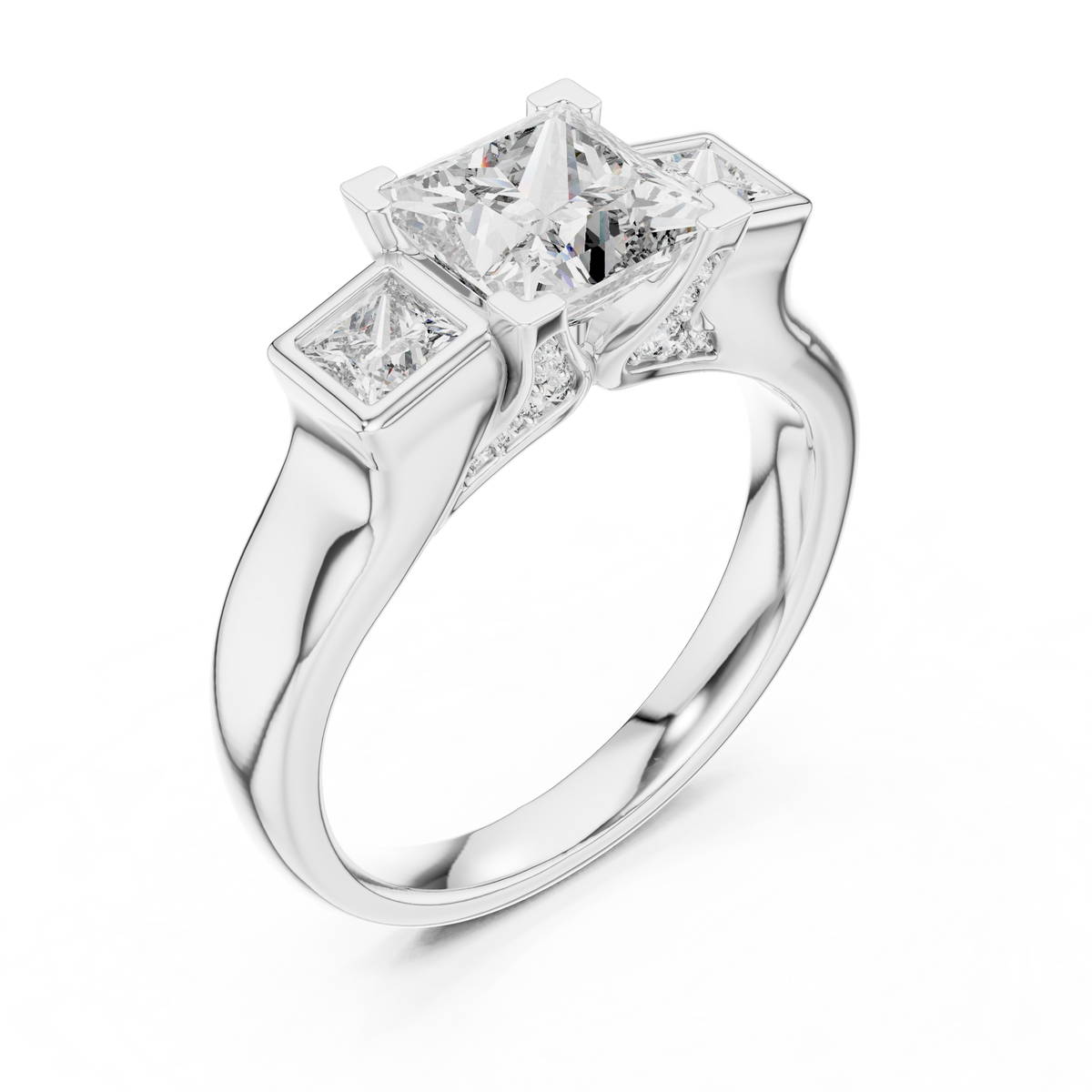 Princess Cut Three Stone Lab Grown Diamond Hidden Halo Engagement Ring, White Gold
