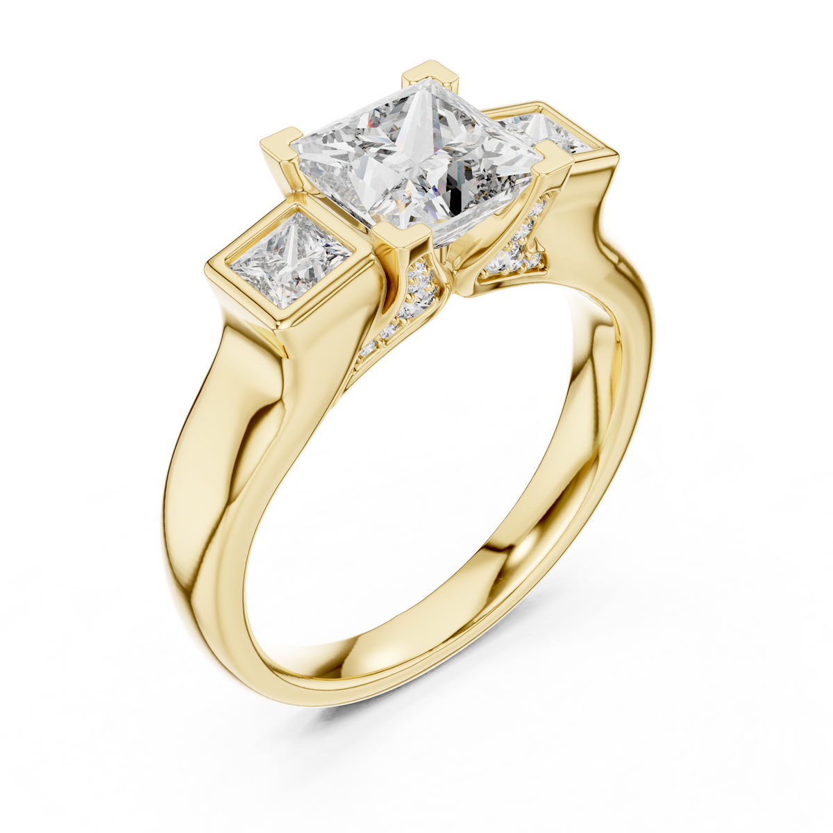 Princess Cut Three Stone Lab Grown Diamond Hidden Halo Engagement Ring, Yellow Gold