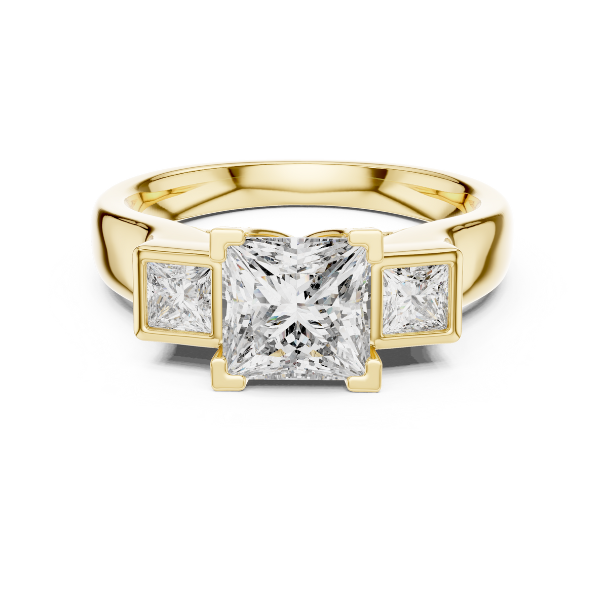 Princess Cut Three Stone Lab Grown Diamond Hidden Halo Engagement Ring, Yellow Gold