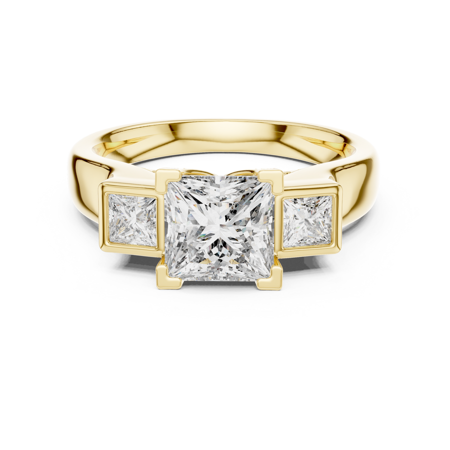 Princess Cut Three Stone Lab Grown Diamond Hidden Halo Engagement Ring, Yellow Gold