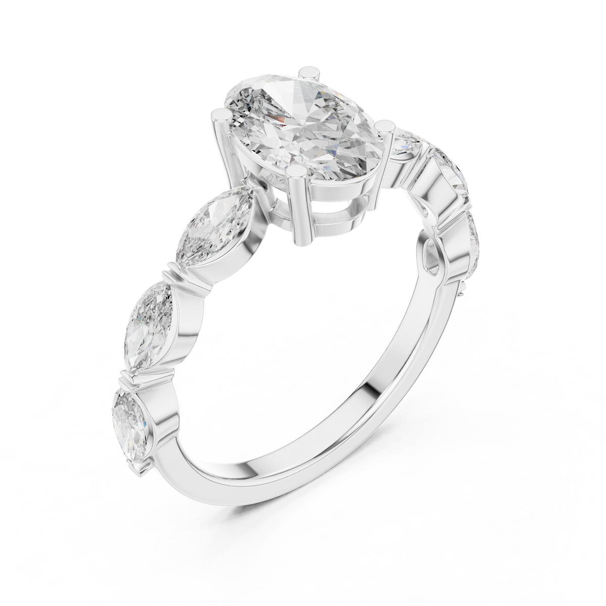 Oval Cut Lab-Grown Diamond Ring with Marquise Diamond Accents, White Gold