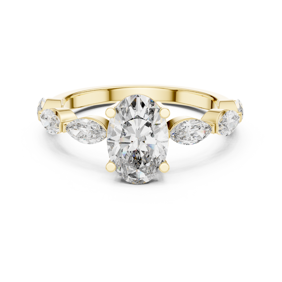 Oval Cut Lab-Grown Diamond Ring with Marquise Diamond Accents, Yellow Gold