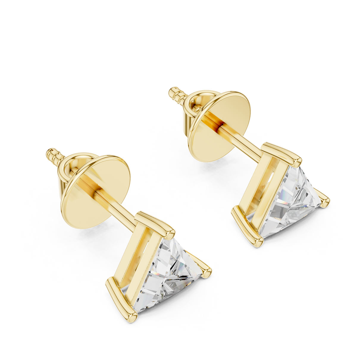 IGI Certified Triangle Lab Grown Diamond Solitaire Stud Earrings, Yellow Gold