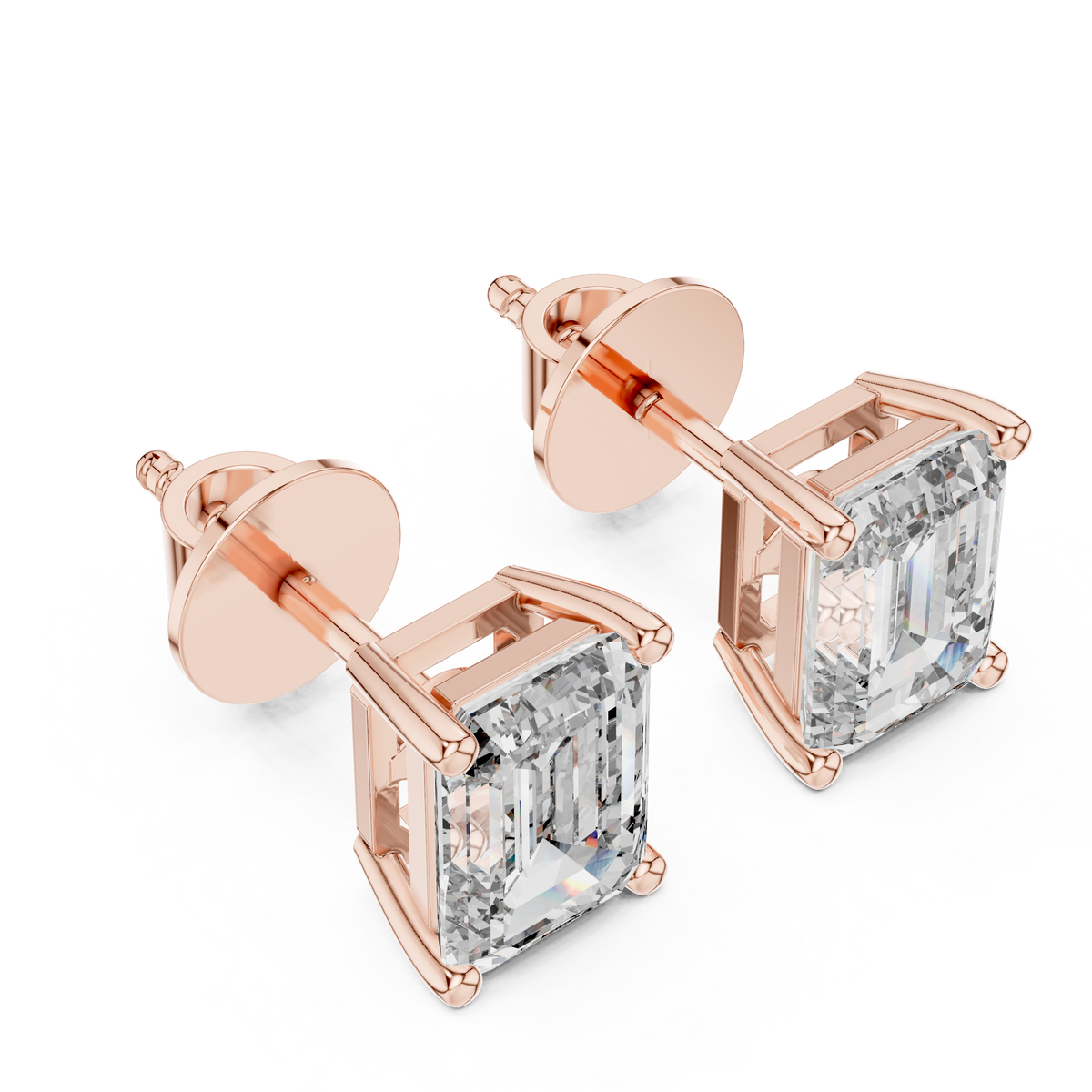 IGI Certified 2.50 CT Emerald Cut Lab Grown Diamond Solitaire Stud Earrings, Rose Gold