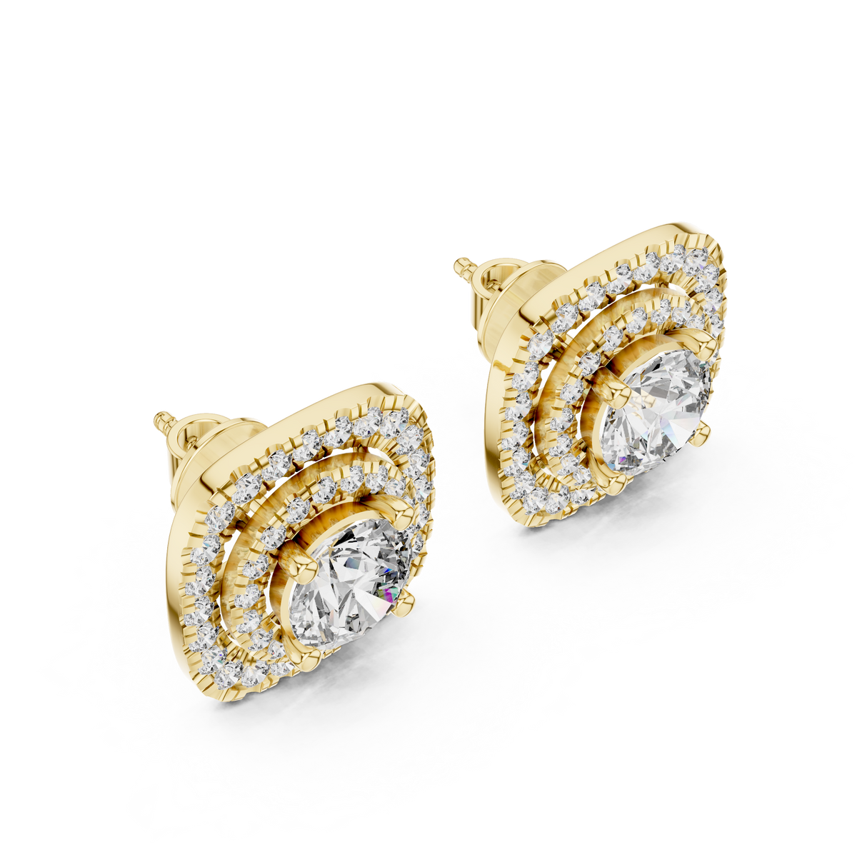IGI Certified Round Double Halo Lab Grown Diamond Earrings, Yellow Gold