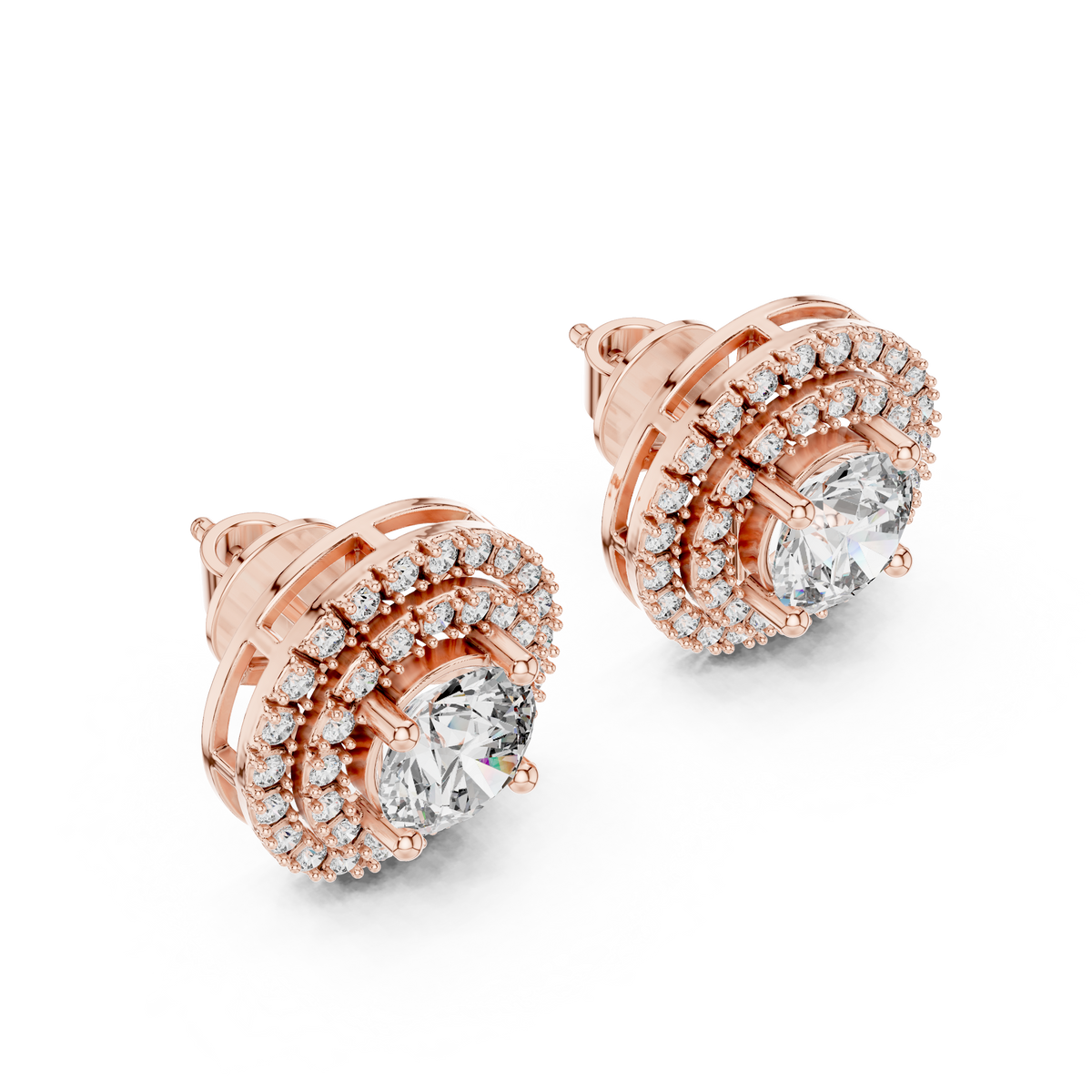IGI Certified 3.42 CT Double Halo Lab Grown Diamond Stud Earrings, Rose Gold