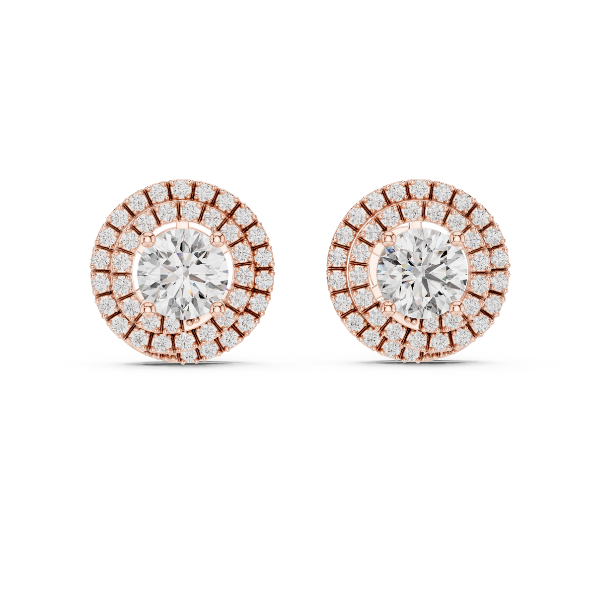 IGI Certified 3.42 CT Double Halo Lab Grown Diamond Stud Earrings, Rose Gold