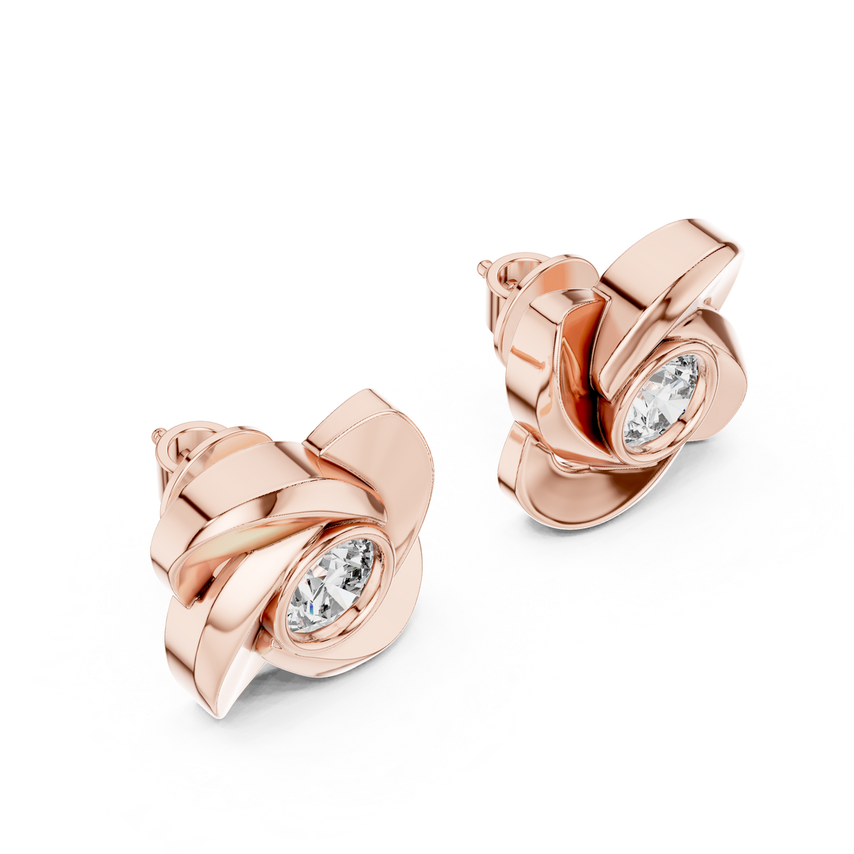 Designer Floral Round Diamond Stud Earrings, Rose Gold