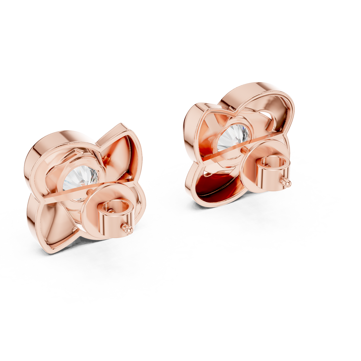 Designer Floral Round Diamond Stud Earrings, Rose Gold