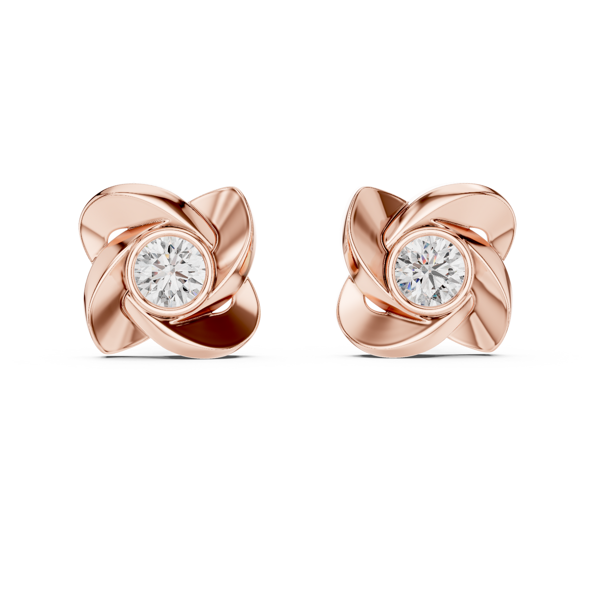 Designer Floral Round Diamond Stud Earrings, Rose Gold