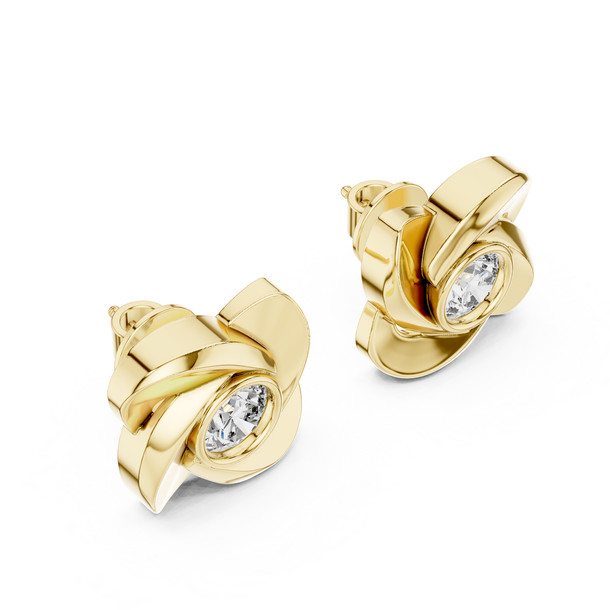 Designer Floral Round Diamond Stud Earrings, Yellow Gold