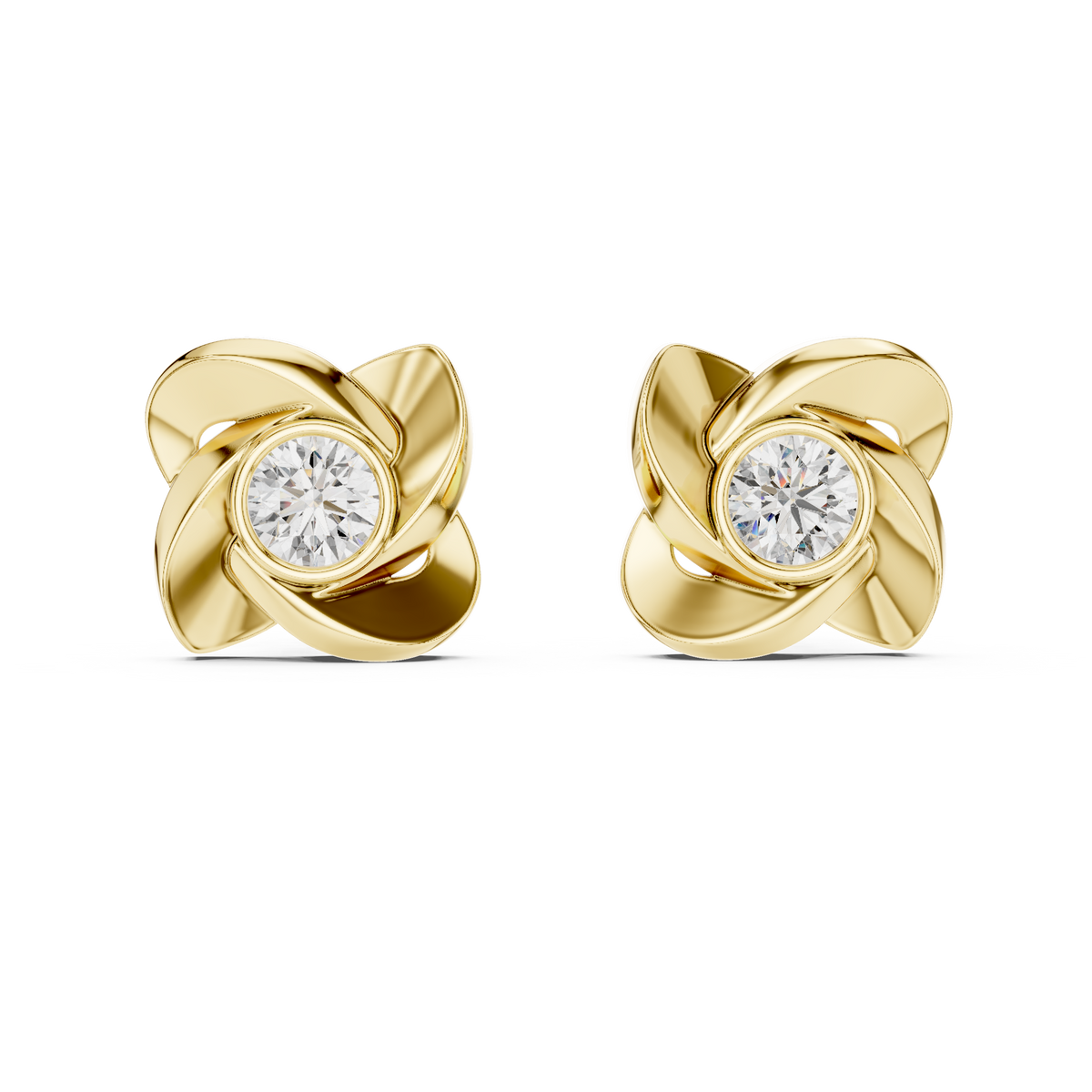 Designer Floral Round Diamond Stud Earrings, Yellow Gold