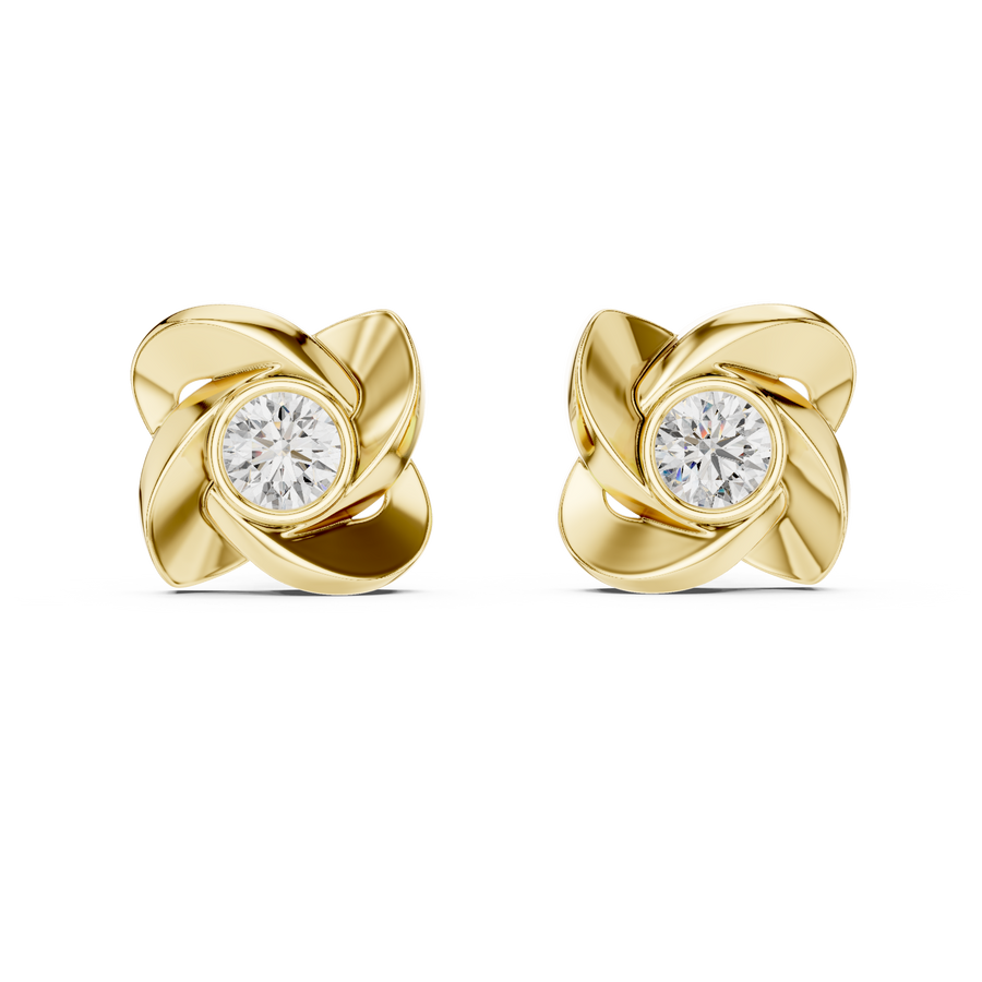 Designer Floral Round Diamond Stud Earrings, Yellow Gold