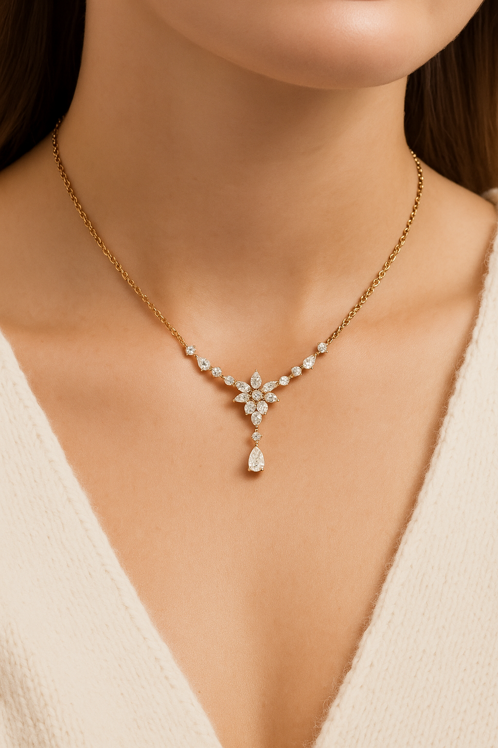 Floral Round, Marquise & Pear Lab Grown Diamond Mangalsutra Pendant in neck