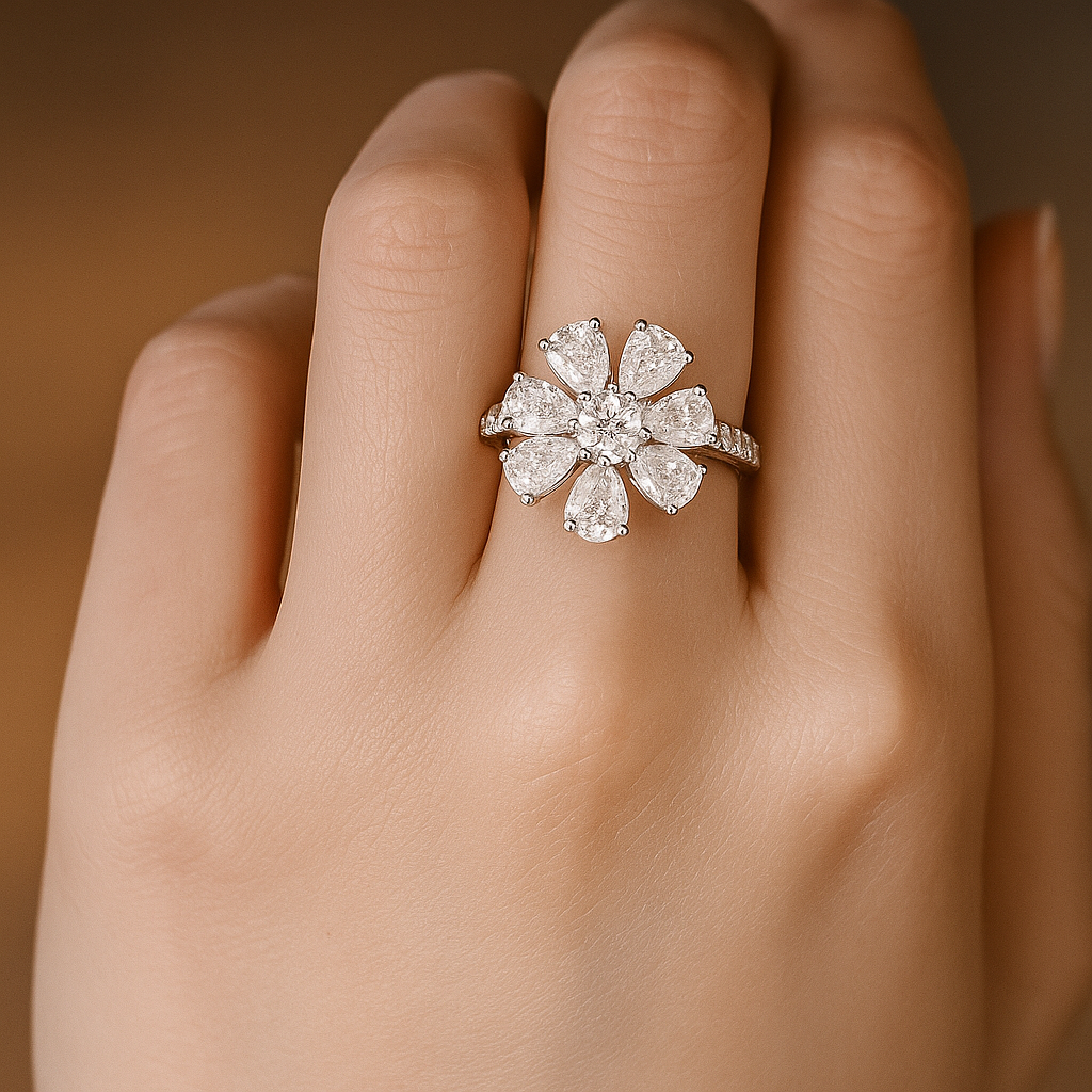 Flower Style Pear Lab Grown Diamond Ring on hand