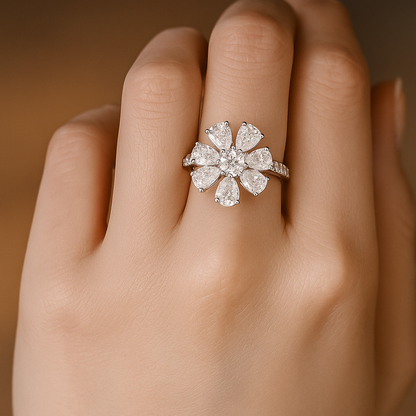 Flower Style Pear Lab Grown Diamond Ring on hand
