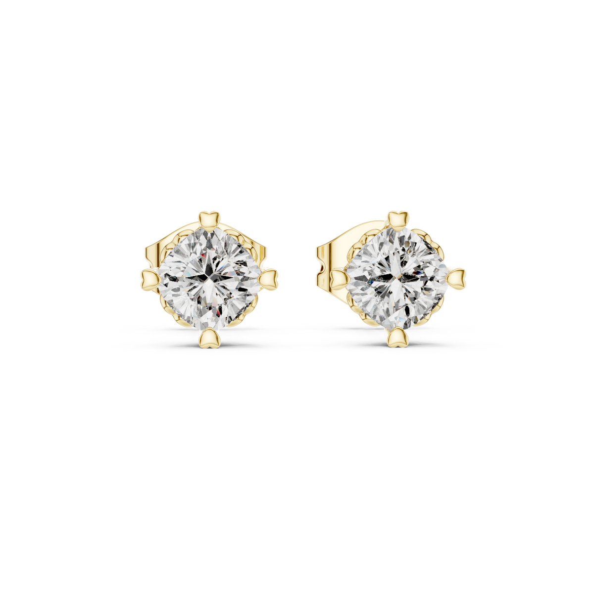1.50 CT Cushion Cut Lab Grown Diamond Solitaire Stud Earrings, Yellow Gold