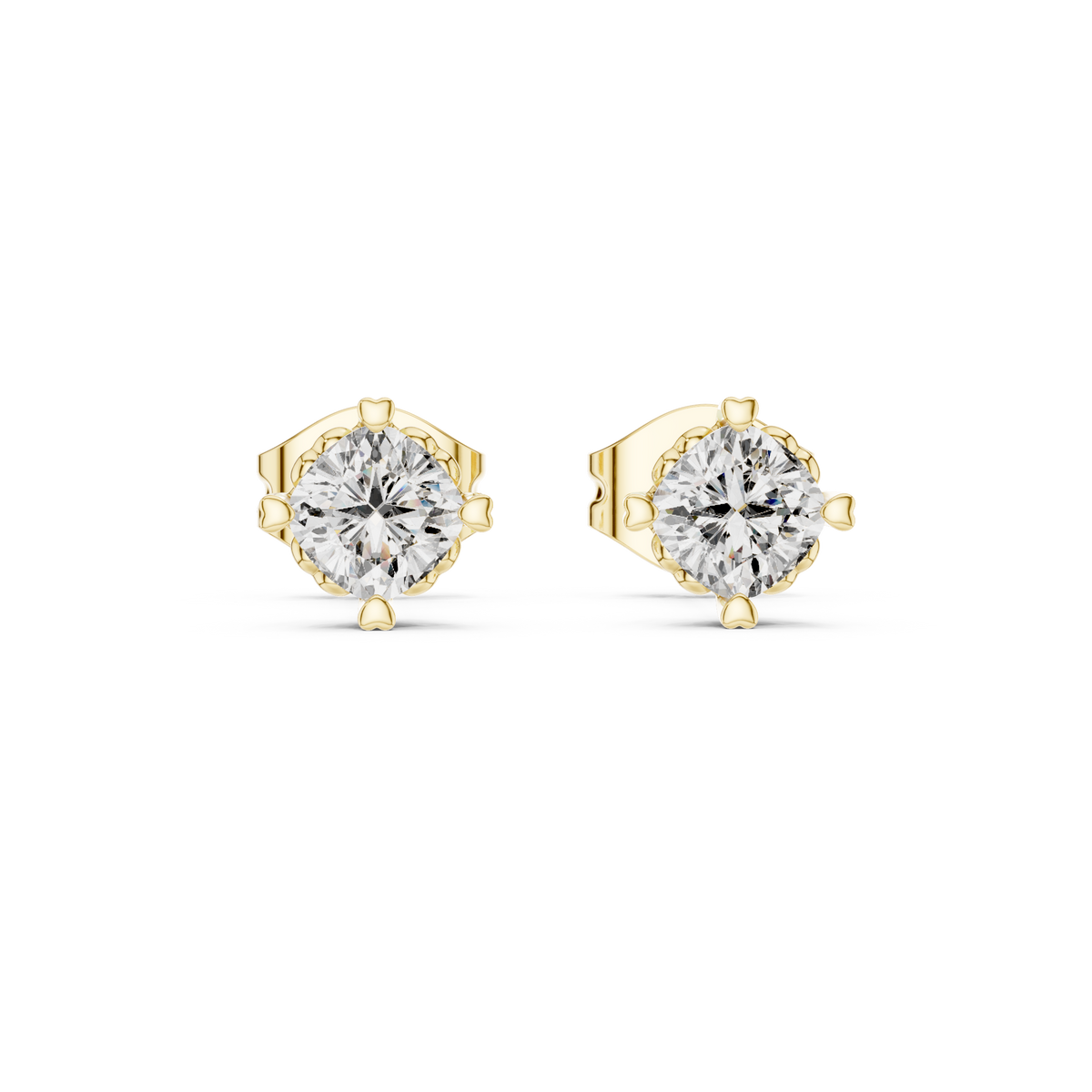 1.00 CT Cushion Cut Lab Grown Diamond Solitaire Stud Earrings, Yellow Gold