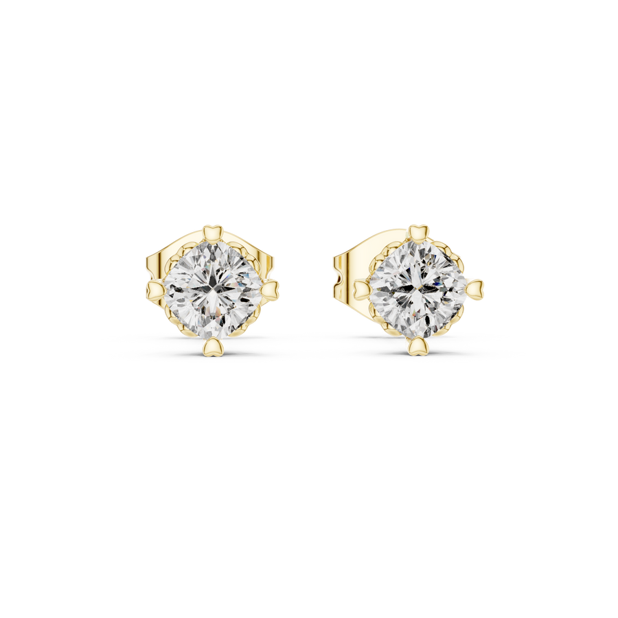 1.00 CT Cushion Cut Lab Grown Diamond Solitaire Stud Earrings, Yellow Gold